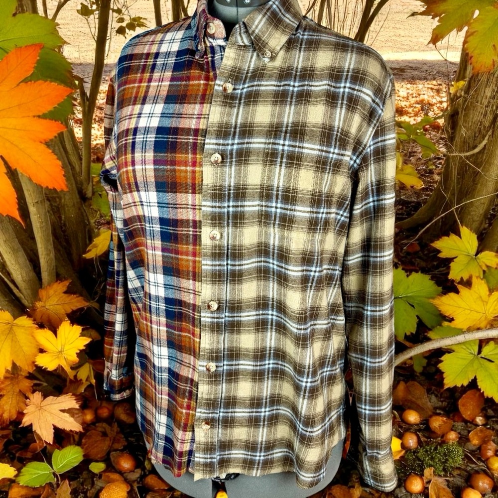 Hand Crafted 1/2 & 1/2 Plaid FlannelShirt Men's M-L - Picture 2 of 13
